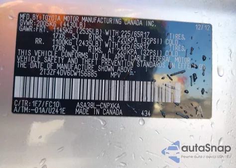 2012 Toyota Rav4 z USA, uszkodzony, nr VIN 2T3ZF4DV6CW156885